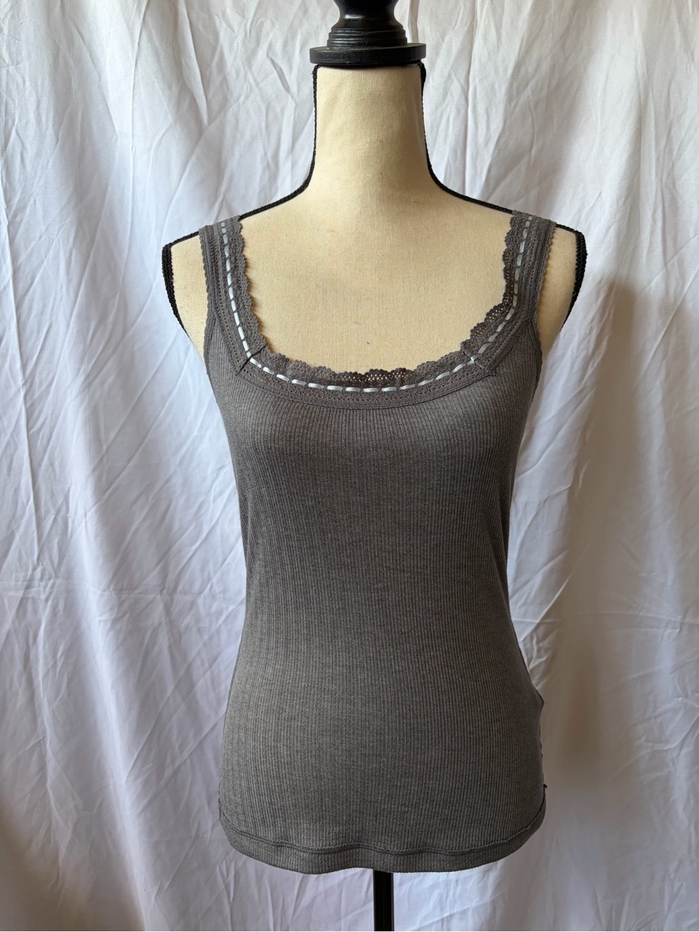 Free People Olive Gray Lace-Trim Ribbed Camisole